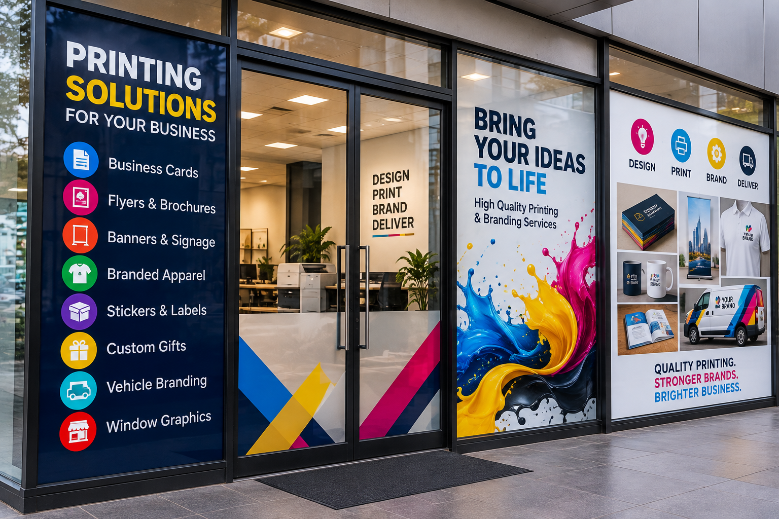 Modern printing company storefront with colourful window graphics and printed service displays